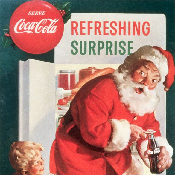 an old santa coca cola advertisement with santa claus opening a coke in front of a refrigerator