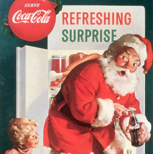 an old santa coca cola advertisement with santa claus opening a coke in front of a refrigerator