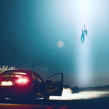 an alien encounter of a woman being abducted and floating in the sky by a ufo, next to her car at night