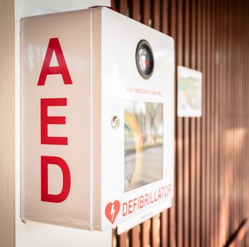 an automated external defibrillator, aed placed on the wall in public locations