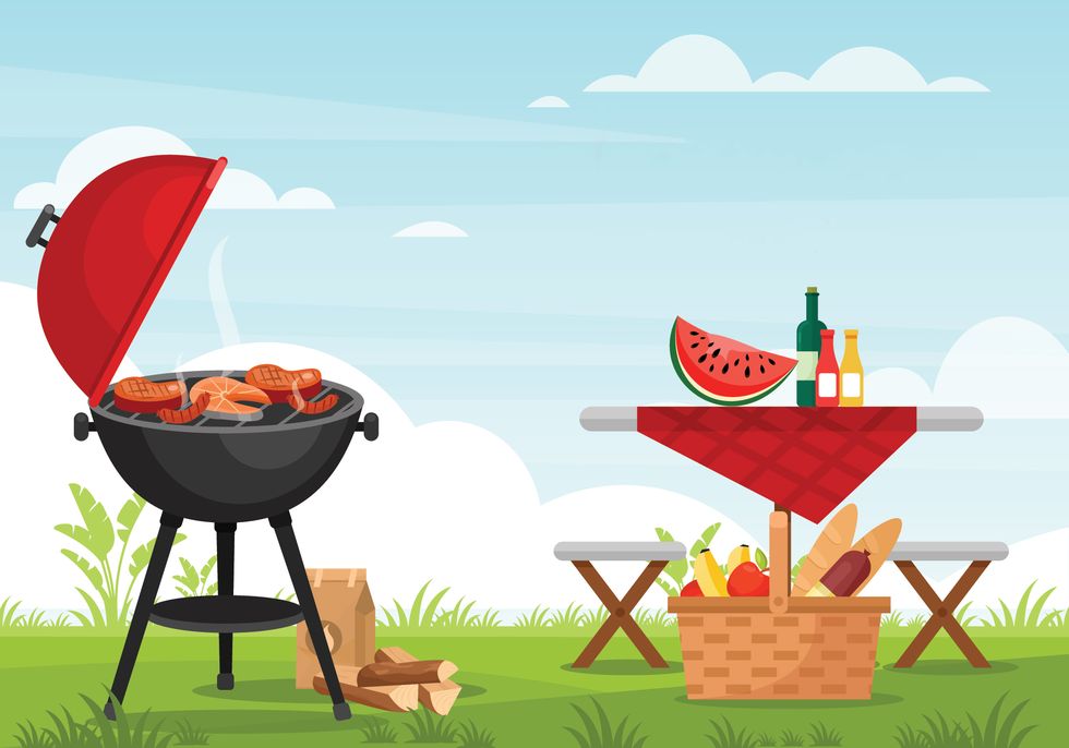 an illustration of a barbecue grill next to a picnic table