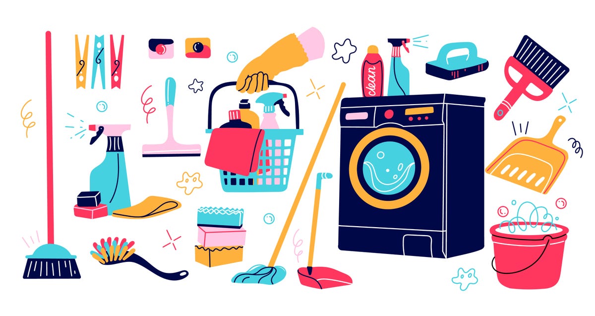 an illustration of cleaning tools and supplies