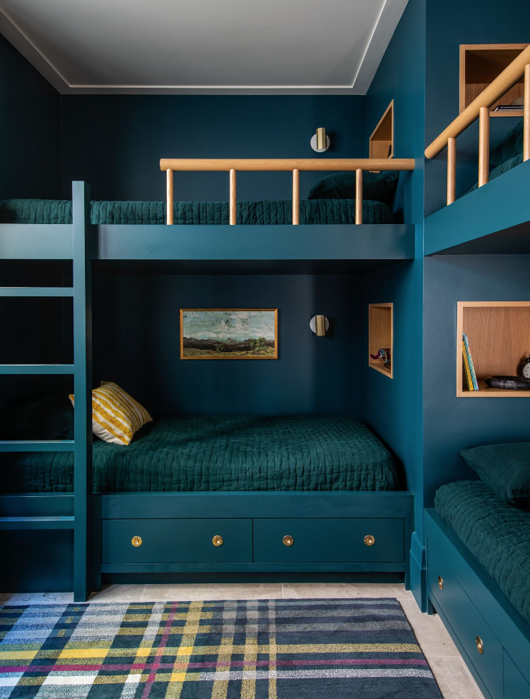 blue, teal, and navy bedroom