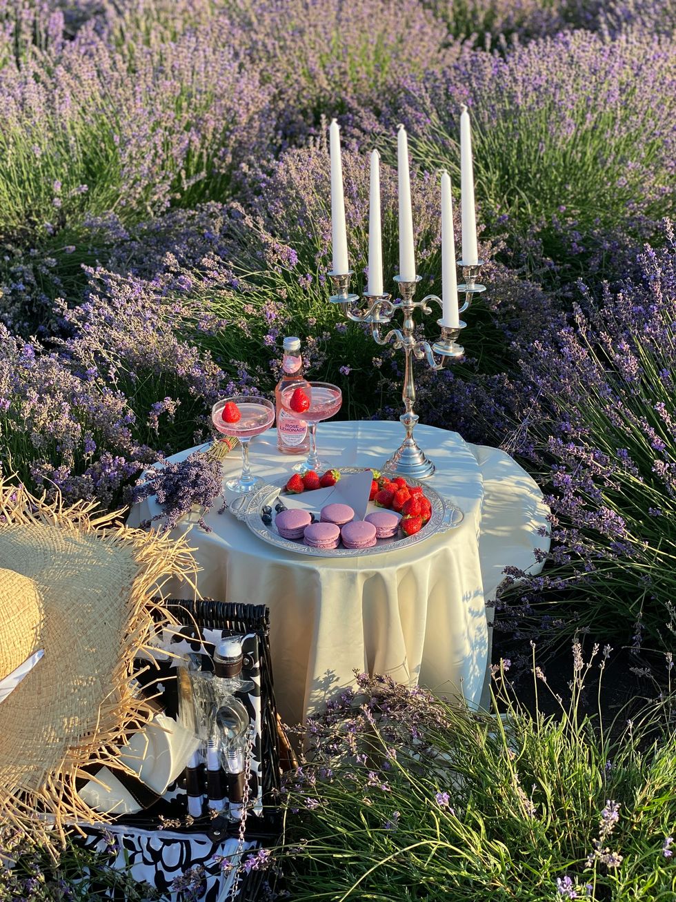 a table with food and candles on it surrounded by plants
