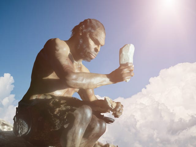 ancient primitive caveman with stone render 3d
