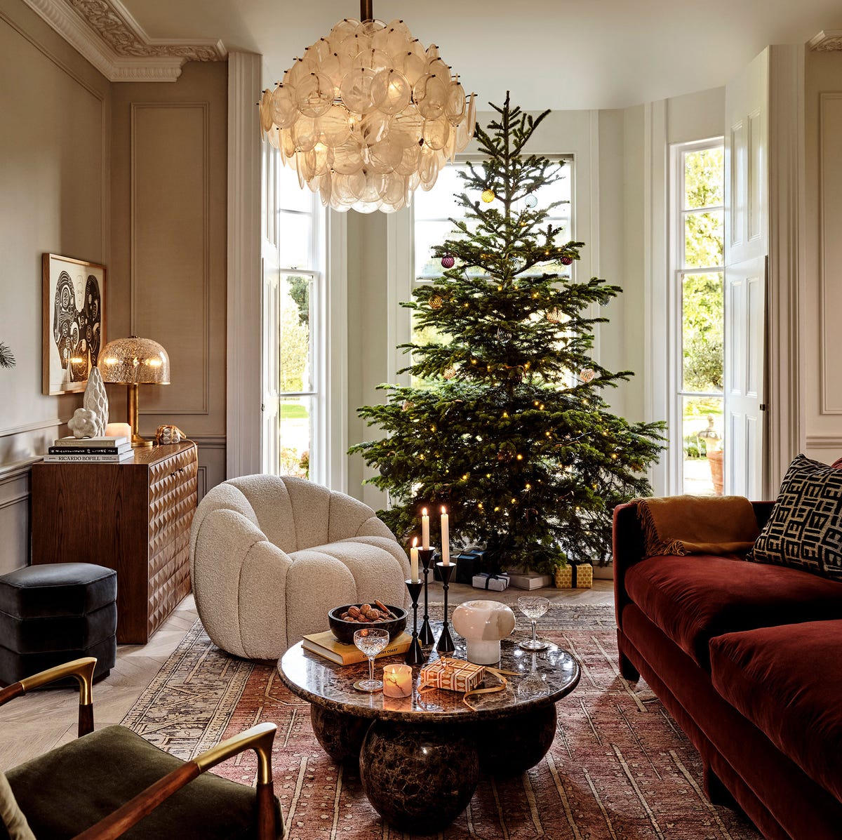 a living room with a christmas tree