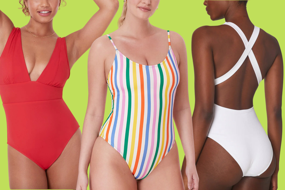 three women modeling different swimsuits from andie against a bright green background