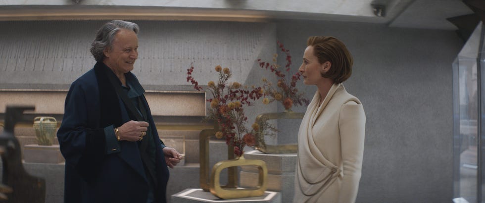 l r luthen rael stellan skarsgard and mon mothma genevieve o'reilly in lucasfilm's andor, exclusively on disney ©2022 lucasfilm ltd  tm all rights reserved