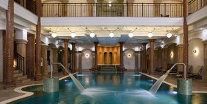 Building, Swimming pool, Thermae, Lobby, Interior design, Architecture, Hotel, Ceiling, Leisure, Estate, 