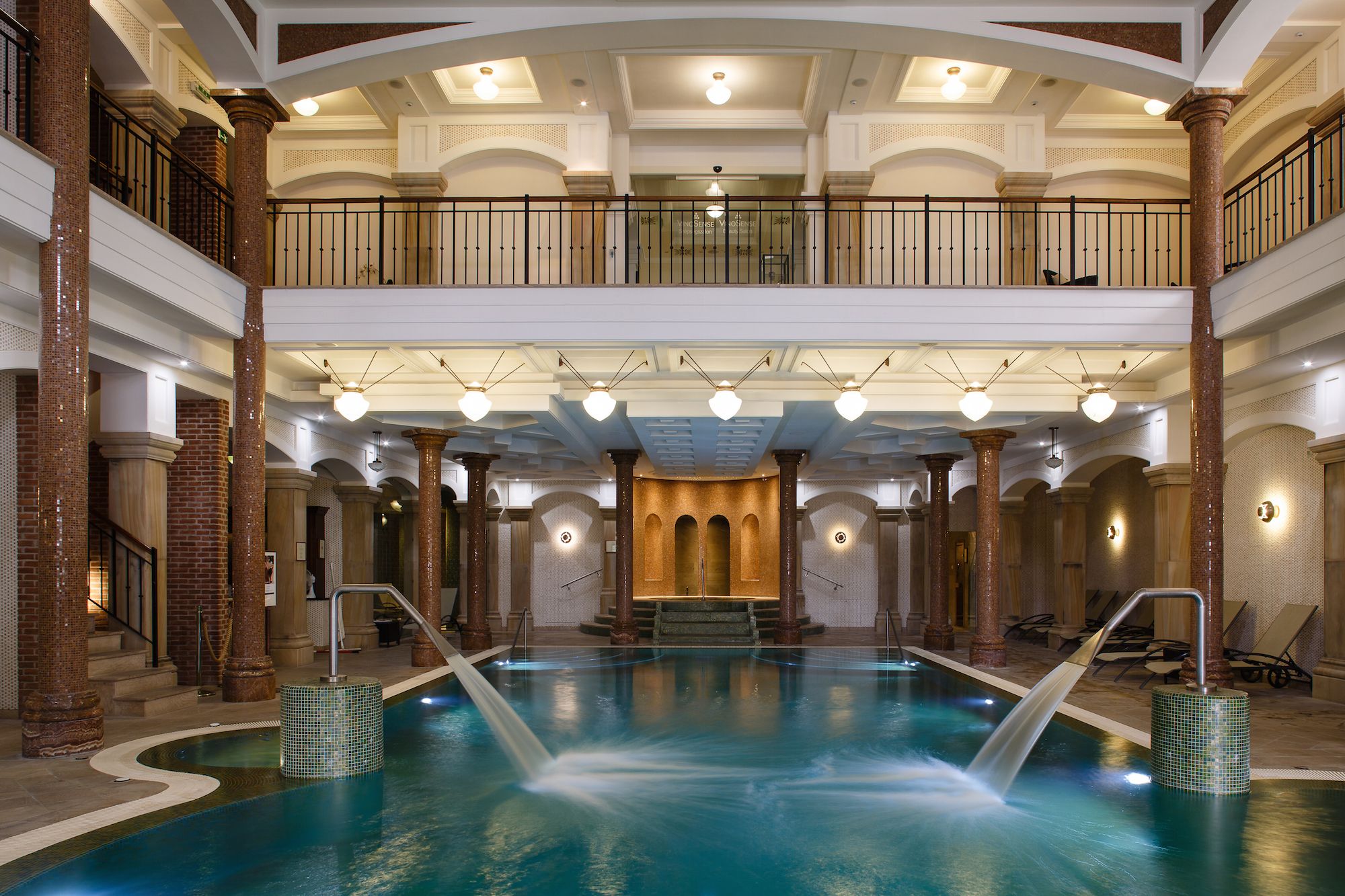 Building, Swimming pool, Thermae, Lobby, Interior design, Architecture, Hotel, Ceiling, Leisure, Estate, 