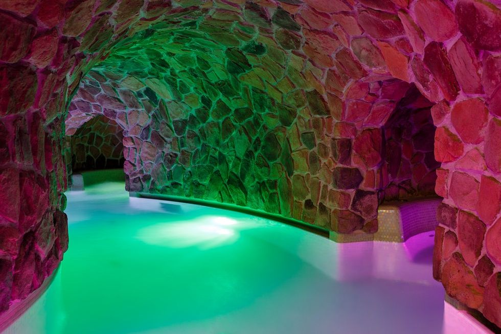Ice hotel, Green, Light, Building, Architecture, Formation, Room, Magenta, 