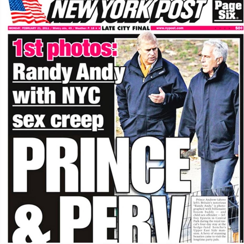 Portada 'The New York Post' de 2011 que muestra a Andrés de Inglaterra con Jeffrey Epstein condenado por pedofilia