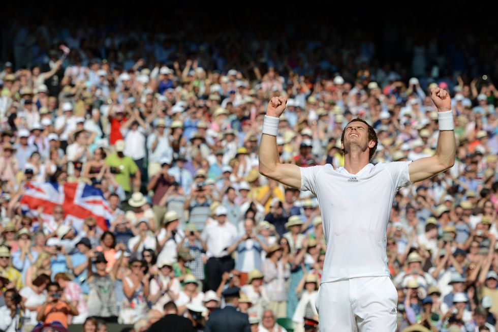andy murray raises both arms up and lifts his head in victory, behind him a large crowd sits in the stands, murray wears an all white athletic outfit and wrist bands