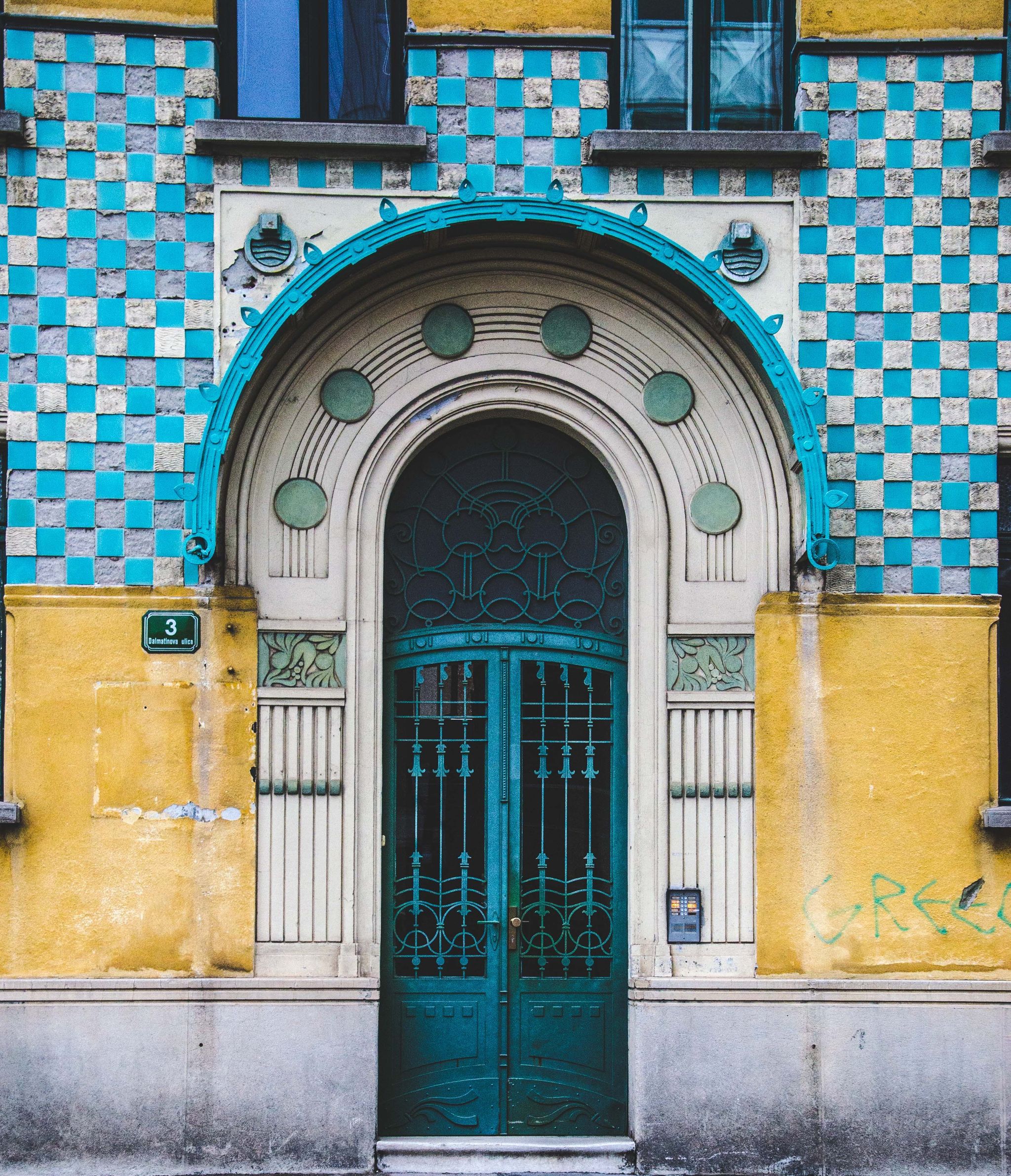 Blue, Yellow, Architecture, Green, Door, Turquoise, Wall, Facade, Building, Arch, 