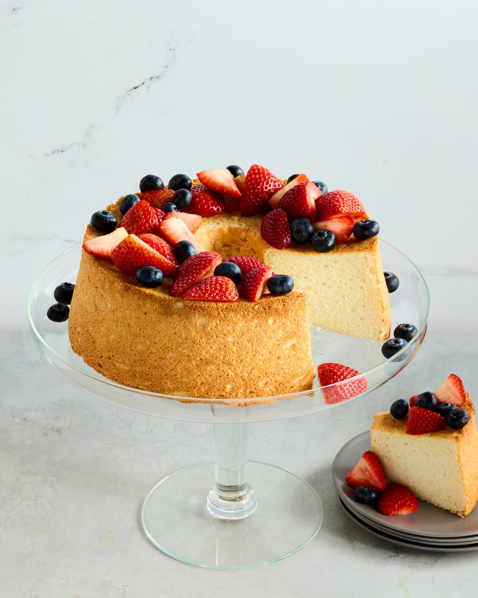 angel food cake topped with strawberries and blueberries