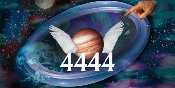 a hand pointing at the number 4444 under a planet