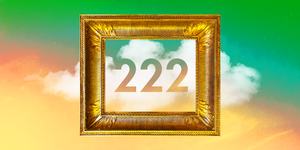 the number 222 is in the middle of a gold frame over a green and yellow cloudy sky