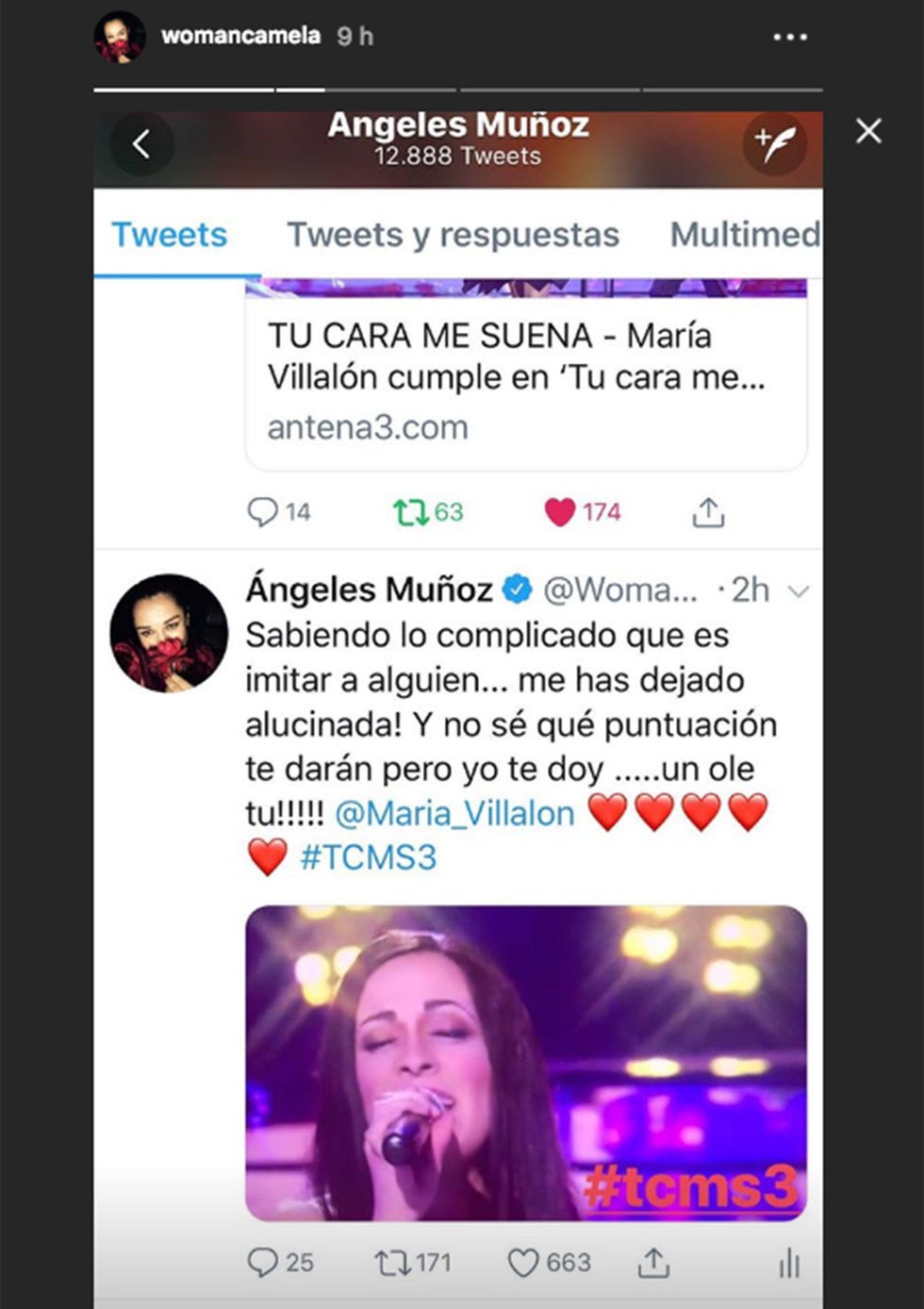 María Villalón gana la tercera gala de TCMS imitando a Camela. Ángela Muñoz, cantante de Camela, se ha pronunciado sobre la actuación de la concursante.