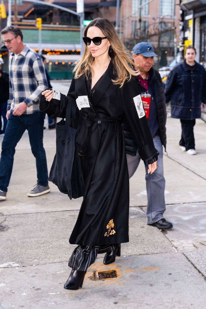 new york, new york december 29 angelina jolie is seen in the east village on december 29, 2023 in new york city photo by gothamgc images