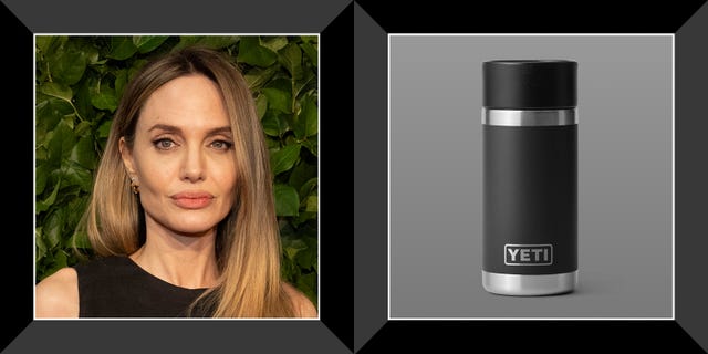 a woman with long hair next to a yeti brand insulated tumbler
