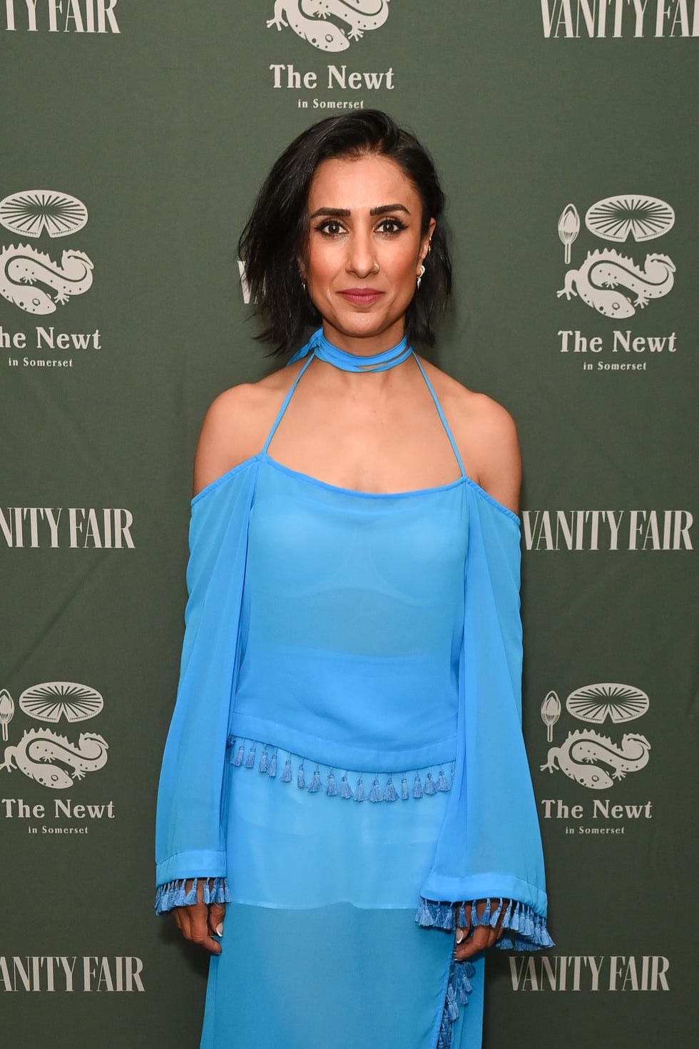 anita rani in a blue dress at vanity fair and the newt's rhs chelsea flower show event