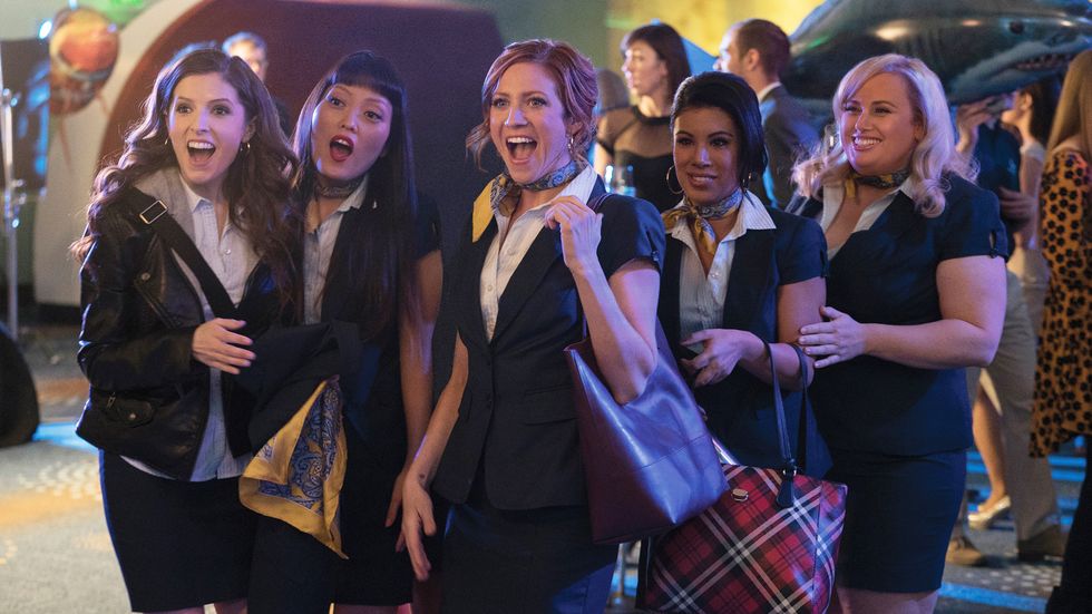 anna kendrick as beca mitchell, hana mae lee as lilly onakuramara, esther, brittany snow as chloe beale, chrissie fit as florencia 'flo' fuentes, rebel wilson as patricia 'fat amy' hobart, pitch perfect 3