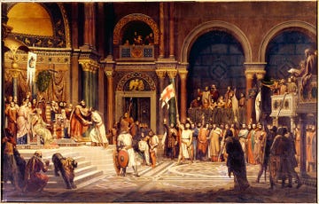 alexios i komnenos ontvangt kruisvaarder godfried van bouillon achter keizerin irene die op de troon zit staan haar dochters onder wie anna