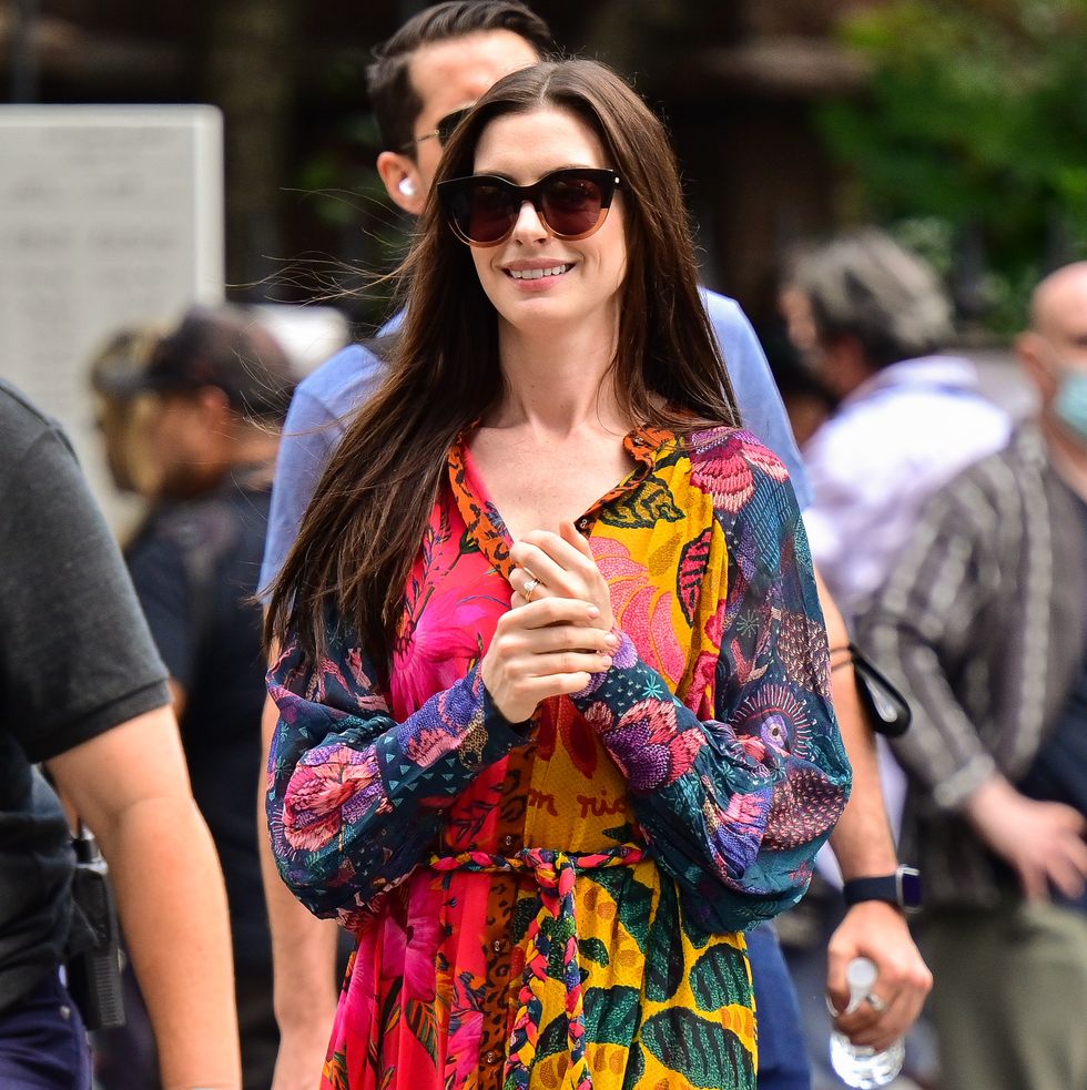 new york, new york   september 08 anne hathaway seen on the set of “wecrashed” in gramercy park on september 08, 2021 in new york city photo by james devaneygc images