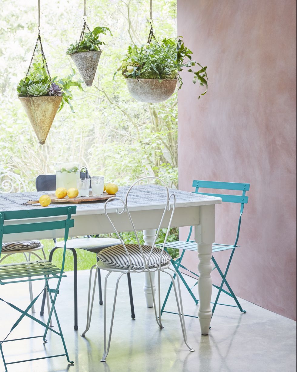 Table, Green, Furniture, Room, Interior design, Flowerpot, Wall, Floor, Chair, Design, 