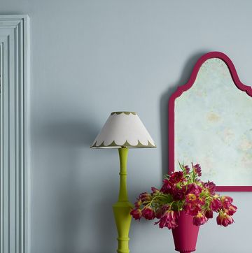 sideboard in capri pink﻿﻿, wall in louis blue﻿, lamp in firle﻿, all annie sloan