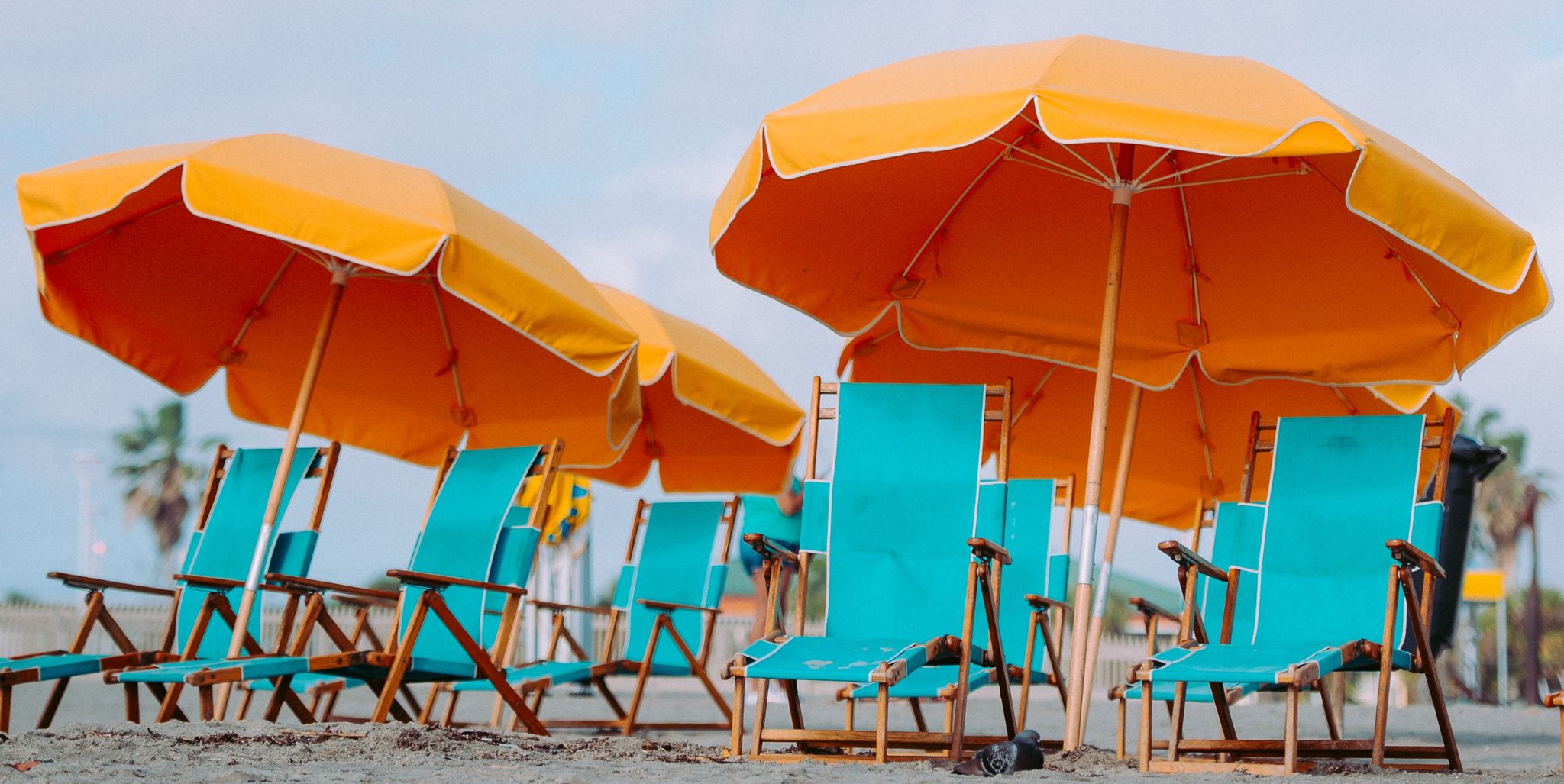 People on beach, Umbrella, Beach, Vacation, Sky, Yellow, Turquoise, Summer, Sand, Sea, 