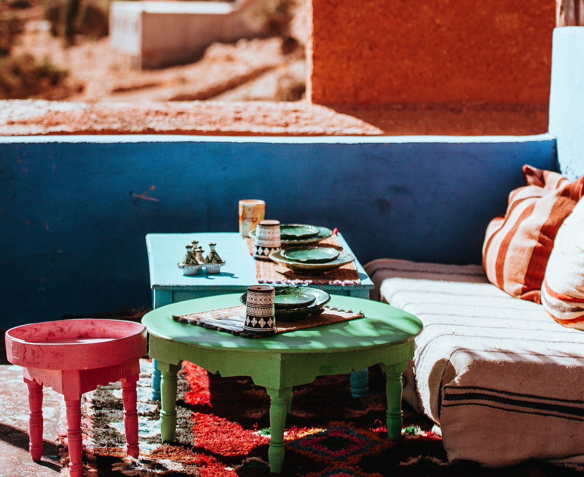Red, Blue, Turquoise, Table, Wall, Summer, Vacation, Furniture, Room, Tree, 