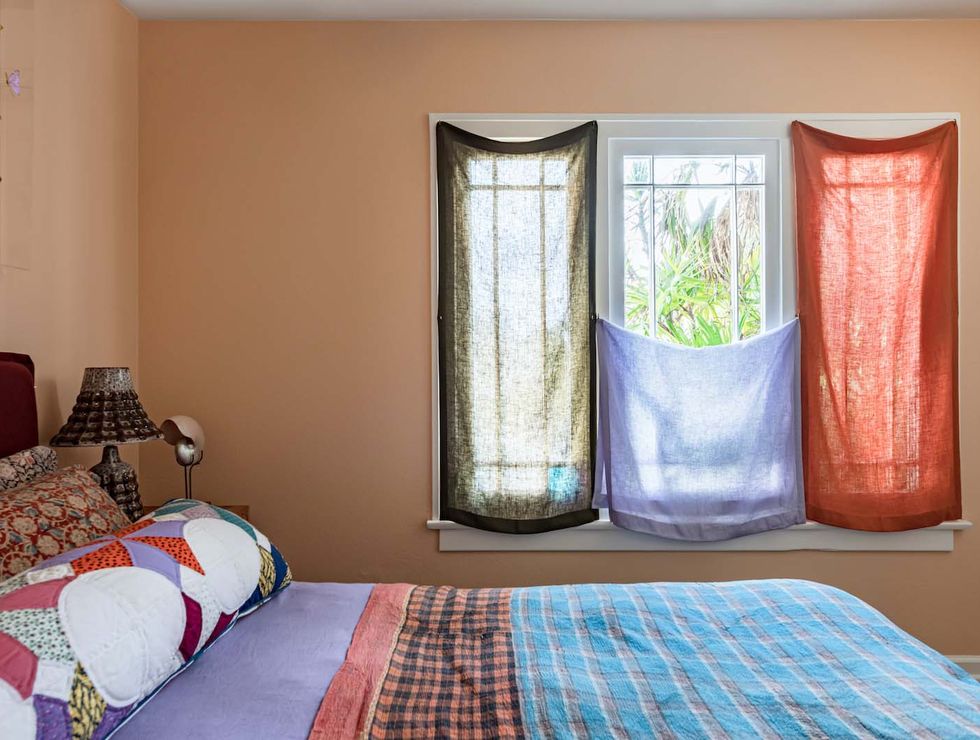 bedroom with curtains in 3 colors