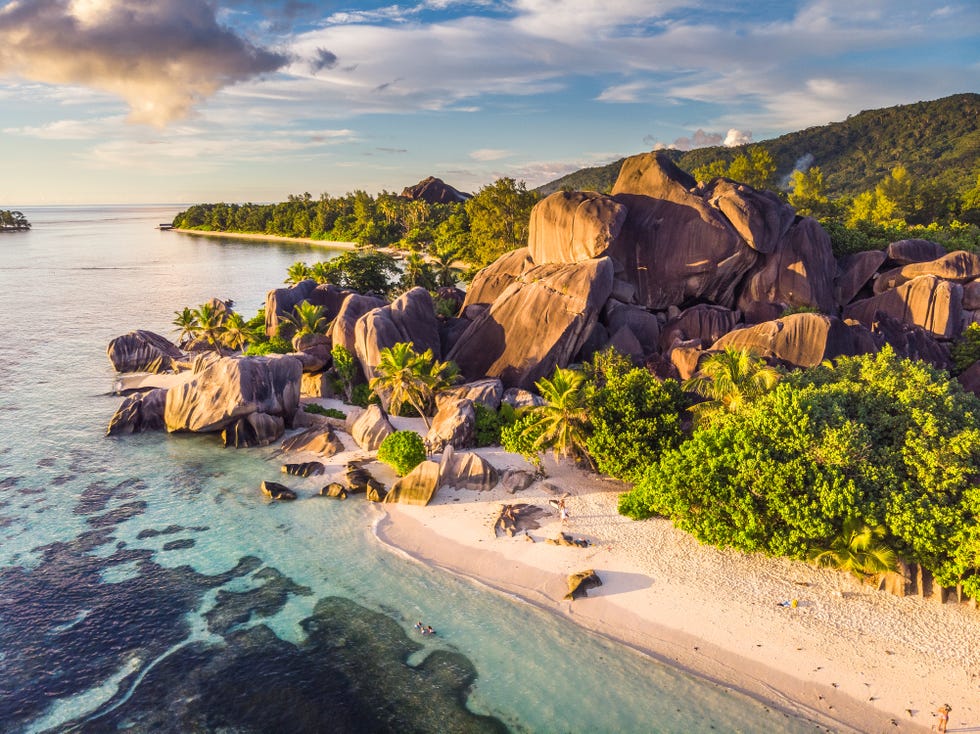 anse source d'argent taken at sunset from a drone