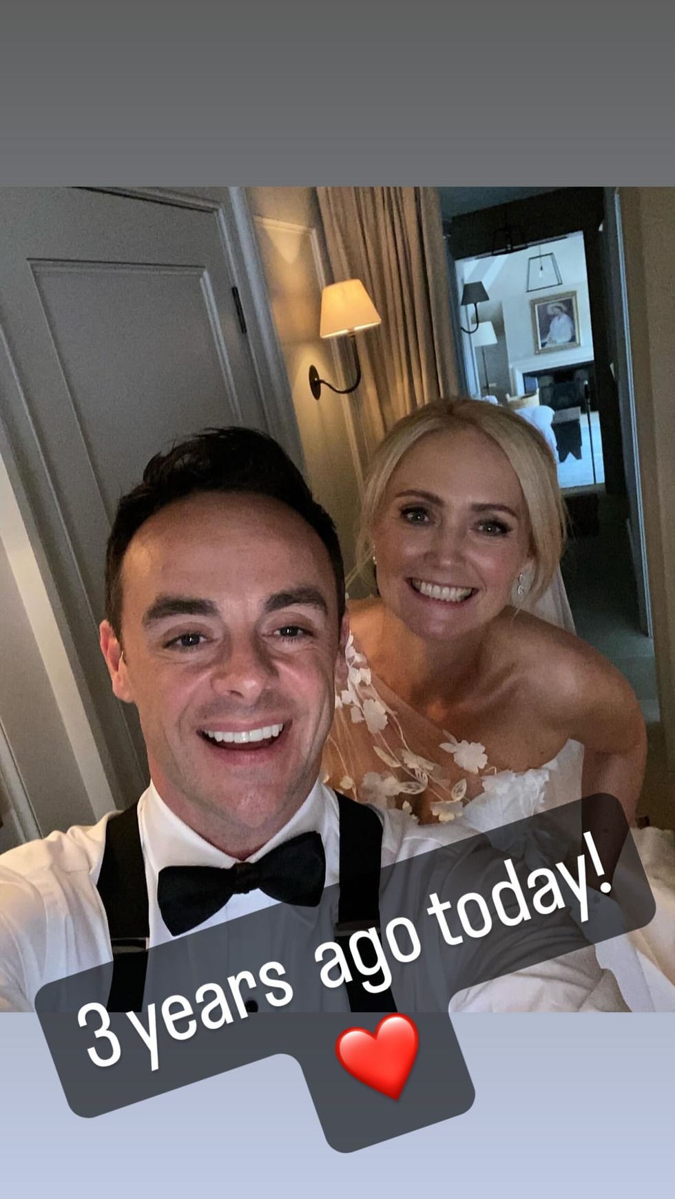 Ant McPartlin and Anne Marie Corbett pose for a selfie in their wedding outfits