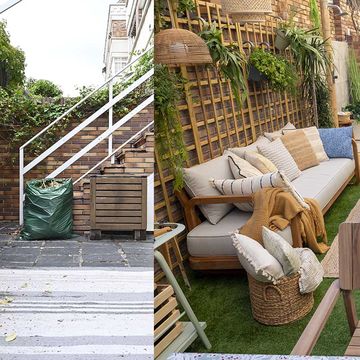 antes y después de un patio abandonado que se transforma en una bonita terraza