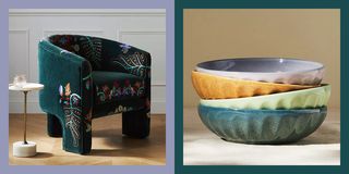 a chair and four colorful bowls from anthropologie