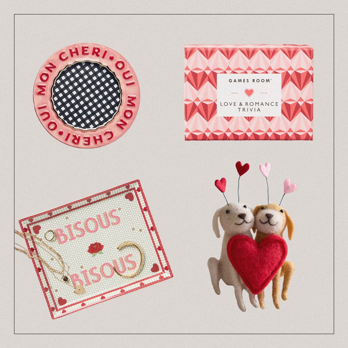 collection of romantic themed items including trivia game and decorations
