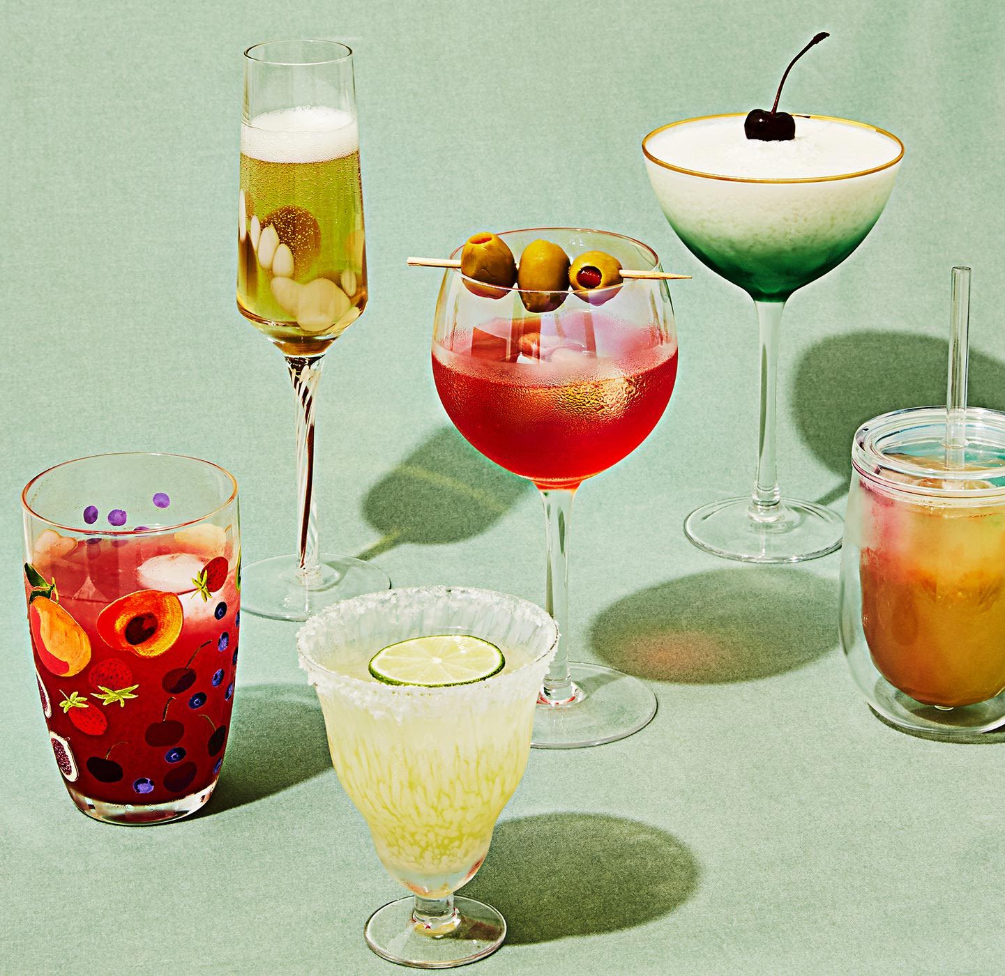 4 Vintage Green Cocktail Martini Glasses, Mixologist Craft