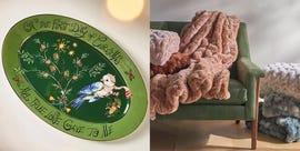 decorative plate with holiday design and cozy blankets on a couch