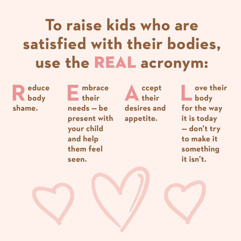 to raise kids who are satisfied with their bodies use the real acronym
reduce body shame
embrace their needs be present with your child and help them feel seen
accept their desires and appetite
love their body for the way it is today don’t try to make it something it isn’t