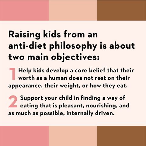 raising kids from an antidiet philosophy is about two main objectives help kids develop a core belief that their worth as a human does not rest on their appearance, their weight, or how they eat support your child in finding a way of eating that is pleasant, nourishing, and as much as possible, internally driven