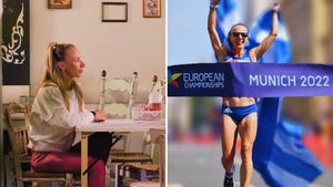 antigoni ntrismpioti, en su restaurante y cruzando la meta como campeona de europa de marcha en múnich 2022