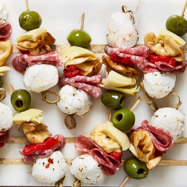 antipasto skewers with tortellini and salami