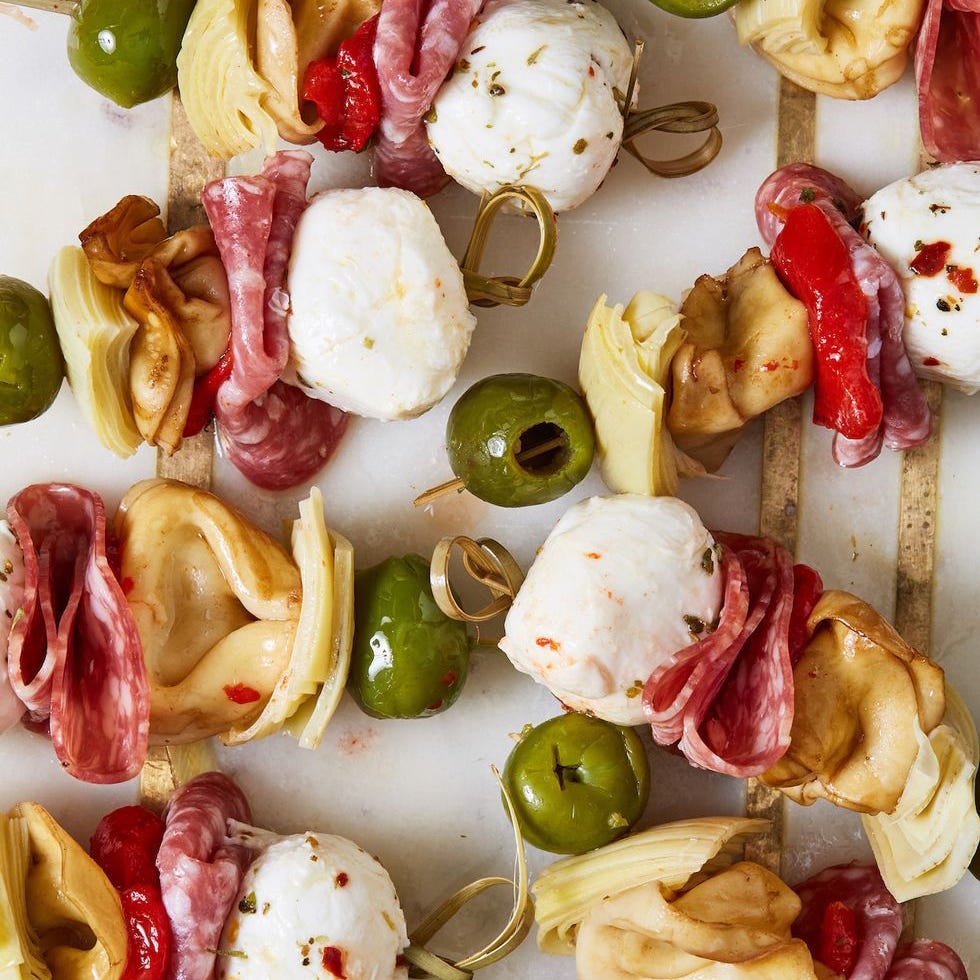 antipasto skewers with tortellini and salami