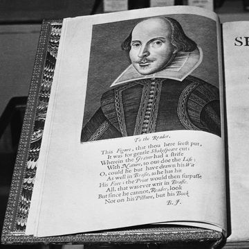 a book opened to its title page that includes a drawn portrait of william shakespeare on the left side and additional details about the book, including its name, on the right side