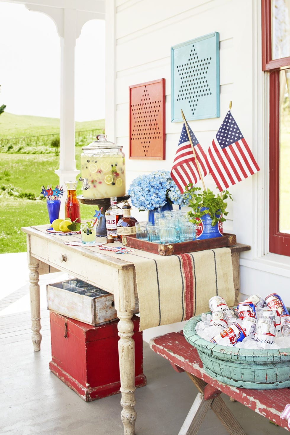 antique table display with patriotic decor