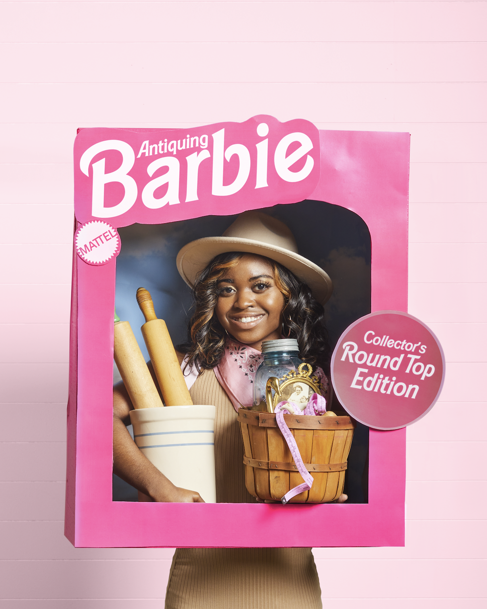 antiquing barbie halloween costume featuring a woman in a pink box holding vintage finds
