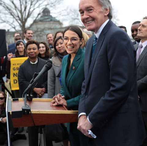 washington, dc   february 07  us rep alexandria ocasio cortez d ny, sen ed markey d ma and other congressional democrats listen during a news conference in front of the us capitol february 7, 2019 in washington, dc sen markey and rep ocasio cortez held a news conference to unveil their green new deal resolution photo by alex wonggetty images