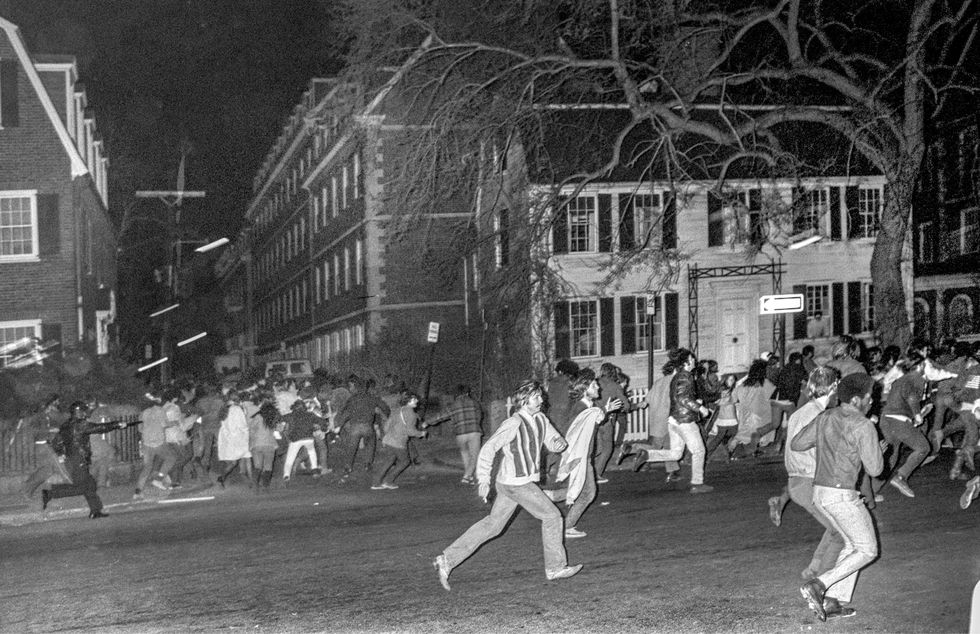 during an anti war demonstration in harvard square, demonstrators flee as the police charge the crowd, cambridge, massachussetts, april 1970 photo by spencer grantgetty images